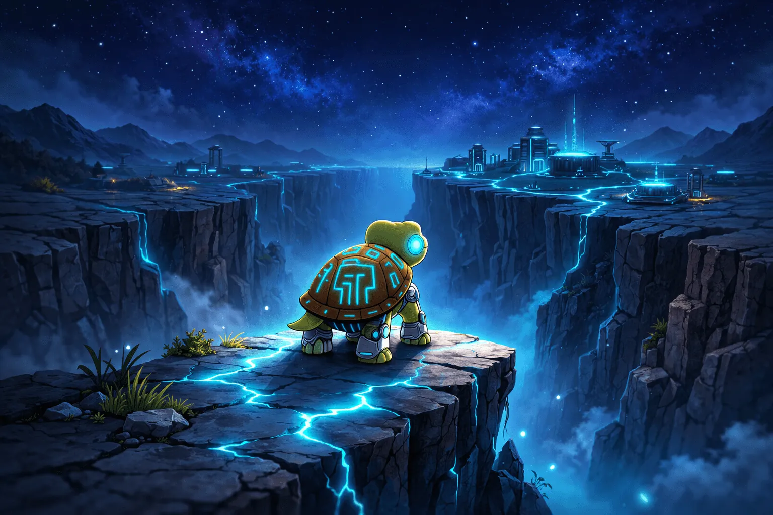 Cyber-turtle overlooking a futuristic city