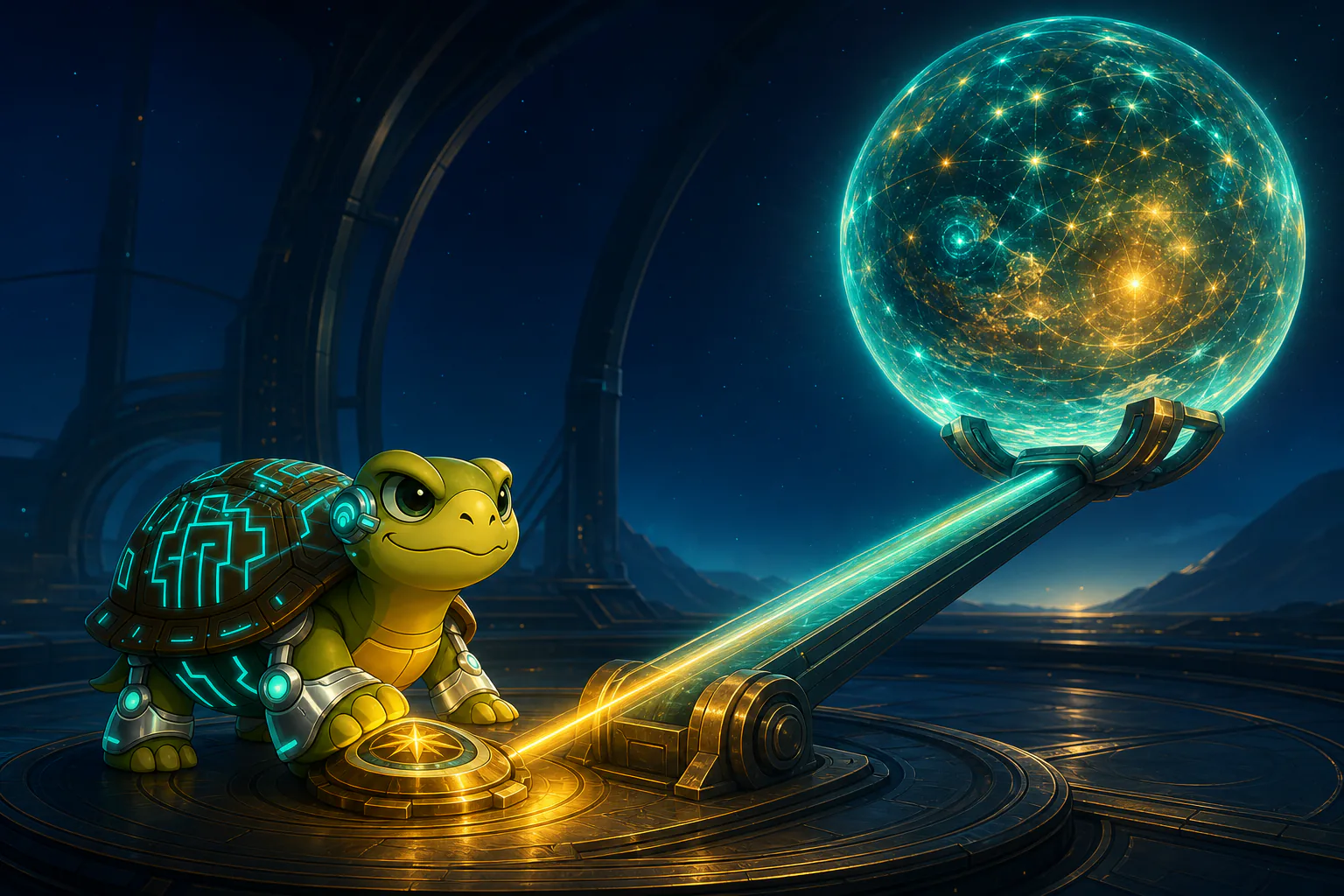 Turtleand guiding a lever that lifts a luminous sphere
