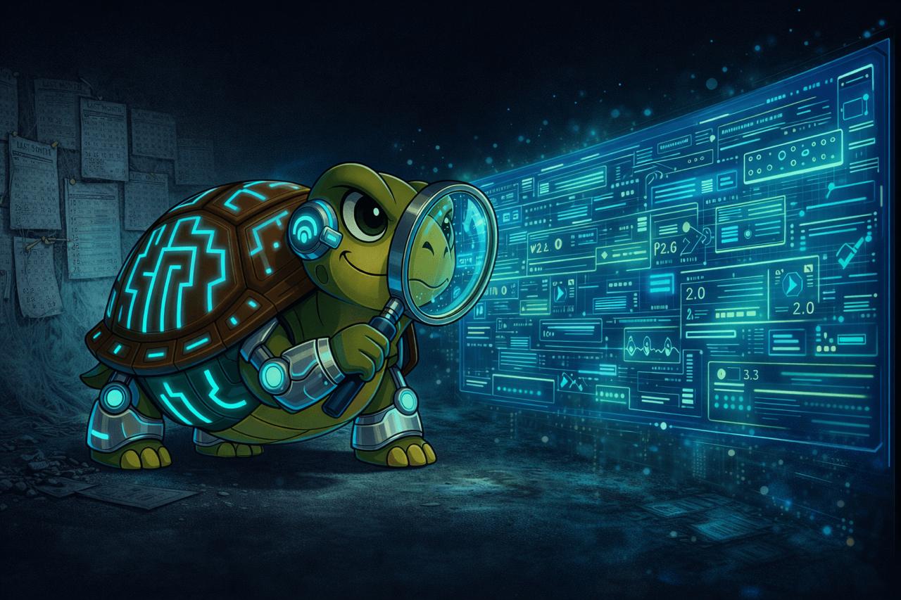 Turtleand looking through magnifying glass at holographic screen with version numbers, old calendars fading behind