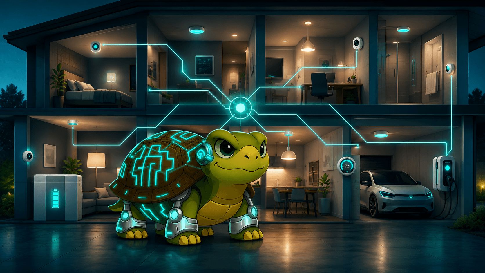 Turtleand in front of a connected smart home