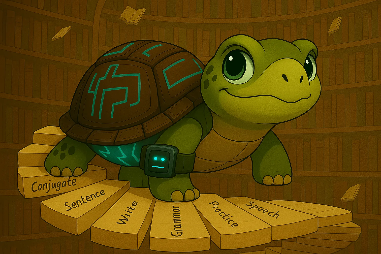 Turtleand climbing up the stairs of language learning