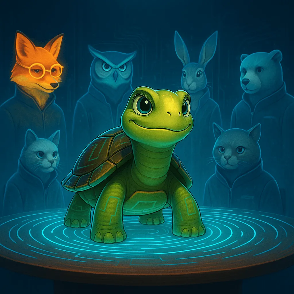 Turtleand surrounded by a board of AI advisors