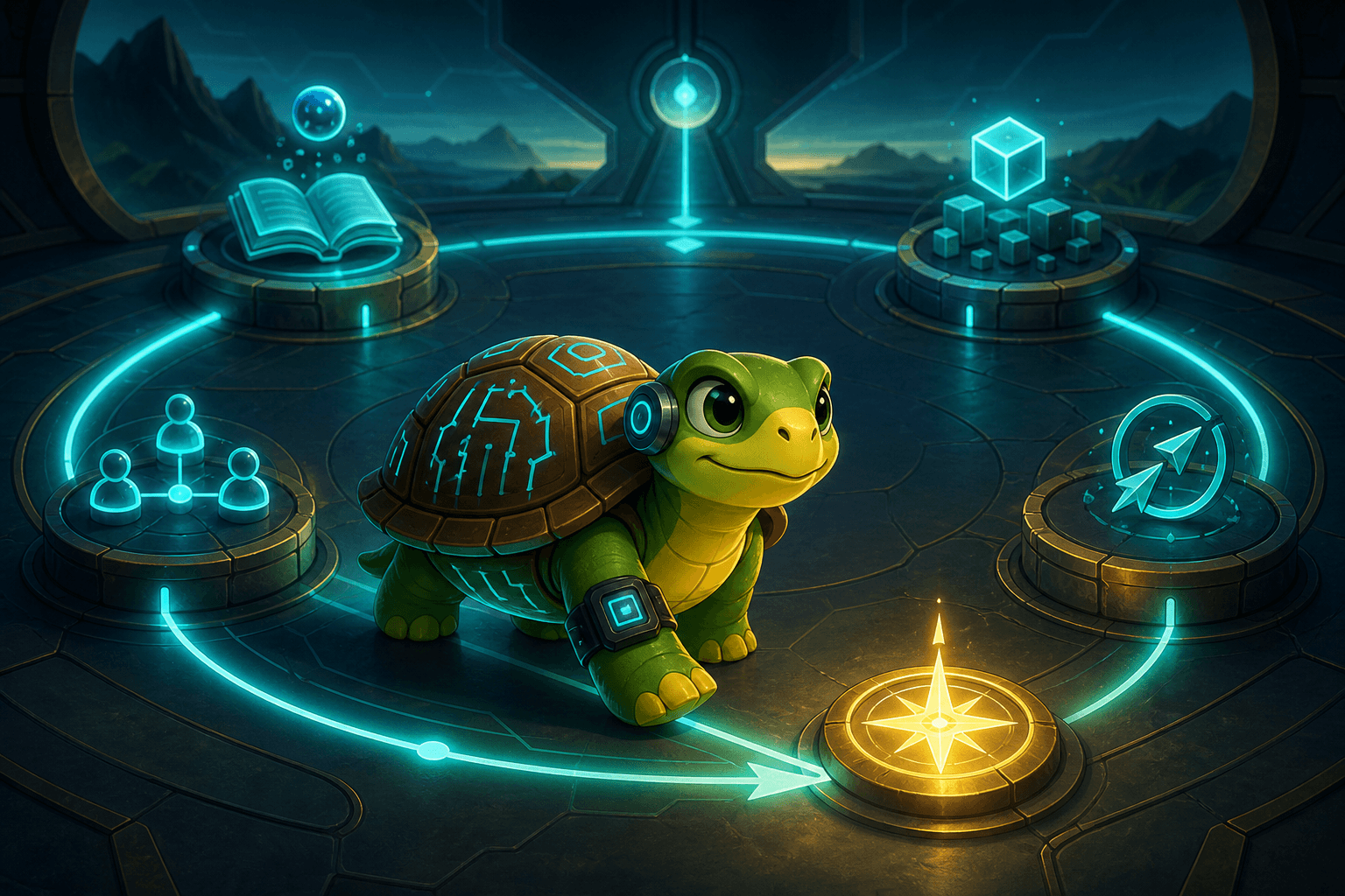 Cybernetic turtle navigating a glowing productivity loop compass