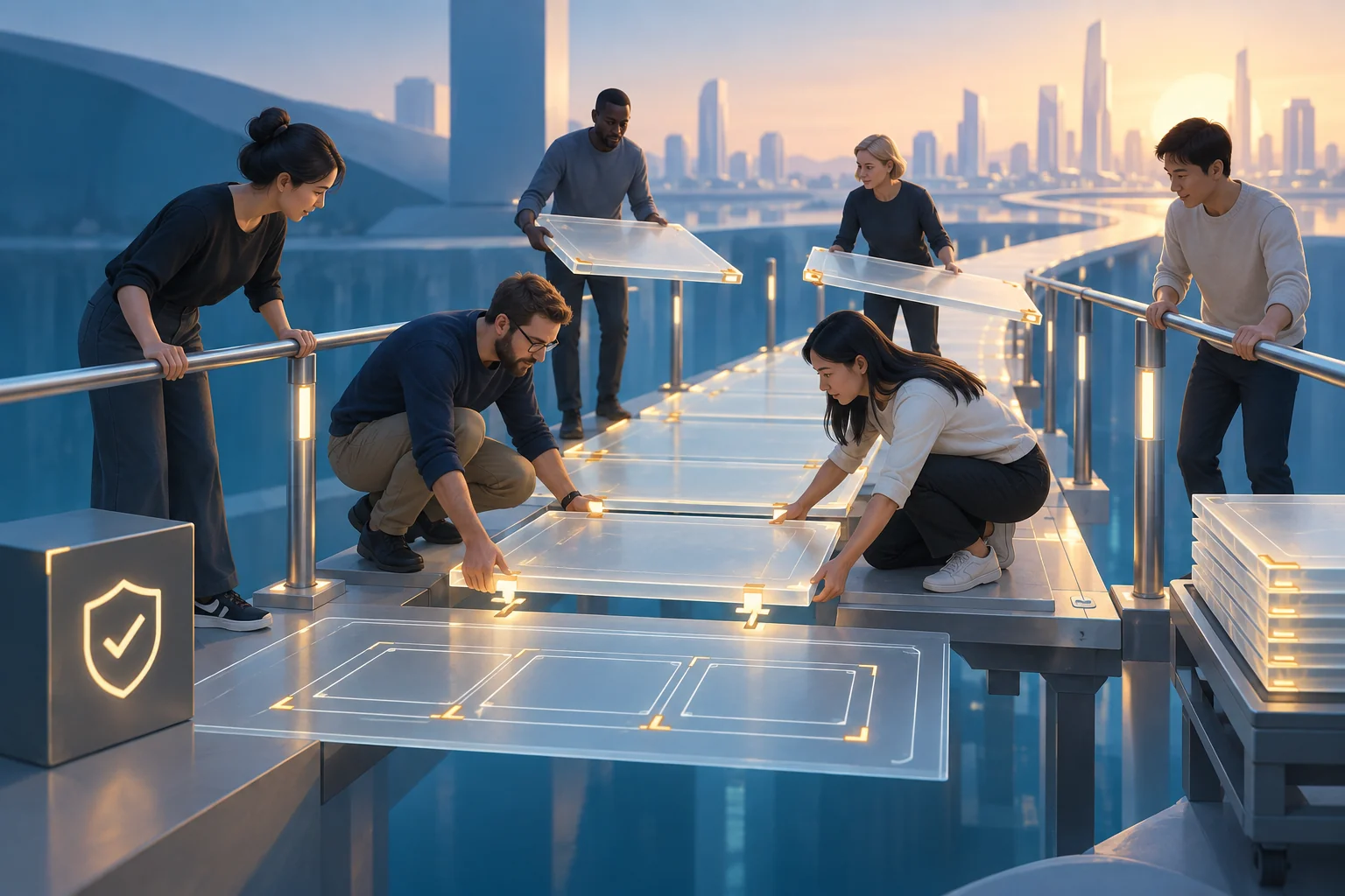 People working together to build a transparent path with shared plans and safety rails